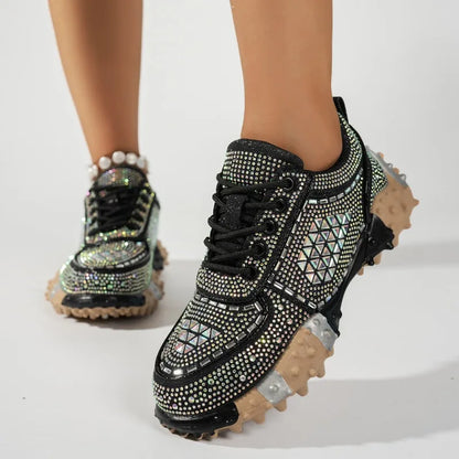 2026 Thick Soled Color Blocked Women's Sneakers Luxury Rhinestone Loafers Fashion Versatile Comfort Anti Slip Women Shoes Tenis