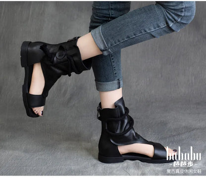 Birkuir High Top Open Toe Sandals For Women Summer Boots Luxury Hollow Out Beach Sandals Genuine Leather Flats Shoes Ladies