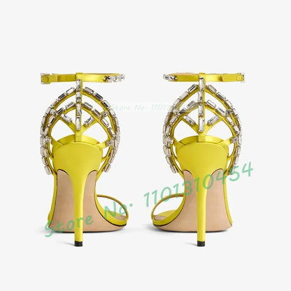 Yellow Crystal Cage Satin Sandals Women Luxury Cross Strap Cover Heel Stiletto Sandals Summer Elegant Ladies Outfit Party Shoes
