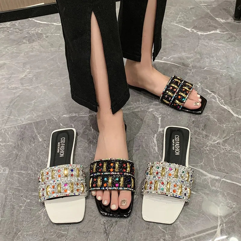 Slippers for Women Shiny Rhinestone Sandals Women Outdoor Beach Casual Shoes Sexy Fashion Big Size Flat Shoes Sandalias De Mujer