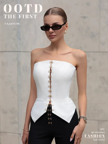 Bornladies Women's White Strapless Top Summer New Fashion Office Lady Metal Buckle Sleeveless Top Female Sexy Slim Fit Vest
