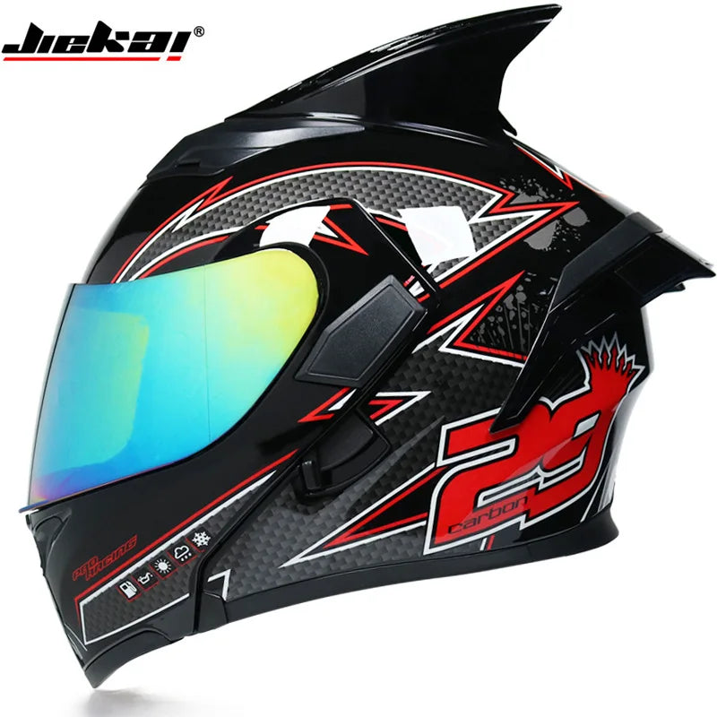 JIEKAI Motorcycle Flip Up Helmet Personality Horn Tail Motorbike Motocross Shark Moto Helmet Technology Design Full Face Casco