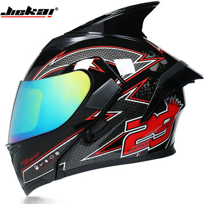 JIEKAI Motorcycle Flip Up Helmet Personality Horn Tail Motorbike Motocross Shark Moto Helmet Technology Design Full Face Casco