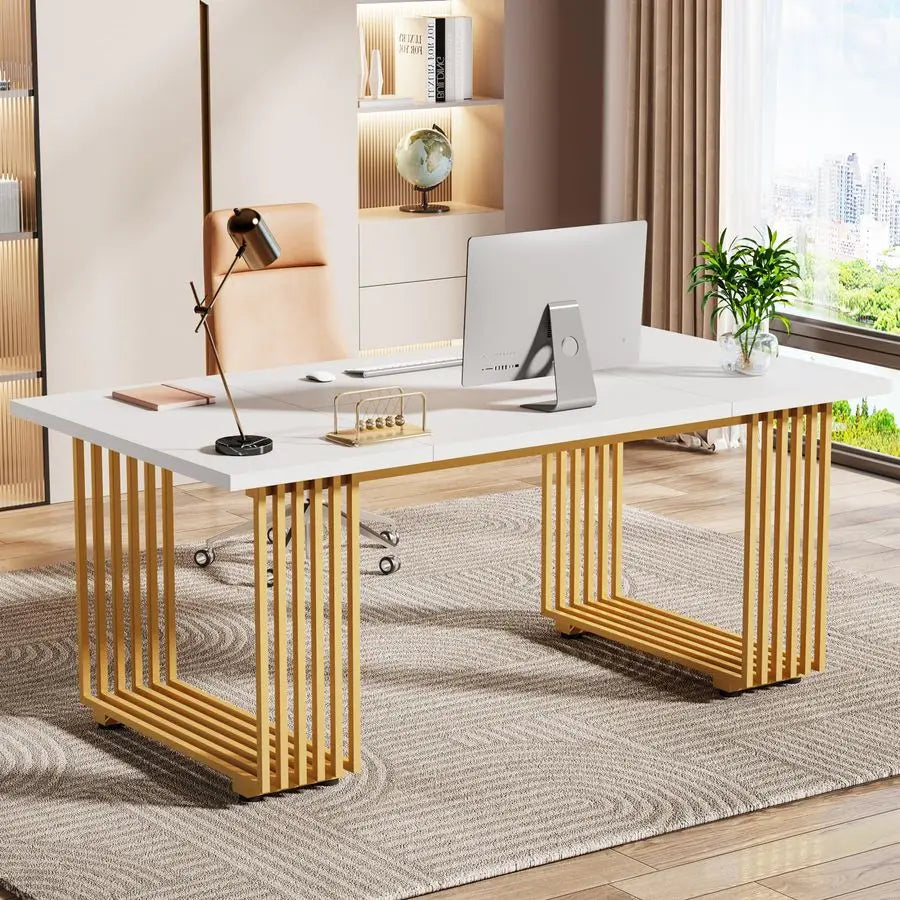 70.9 Modern Office Desk, Wooden Computer Desk, White Executive Desk with Gold Metal Legs, Large Workstation for Home Office, St