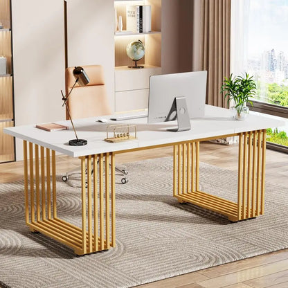 70.9 Modern Office Desk, Wooden Computer Desk, White Executive Desk with Gold Metal Legs, Large Workstation for Home Office, St