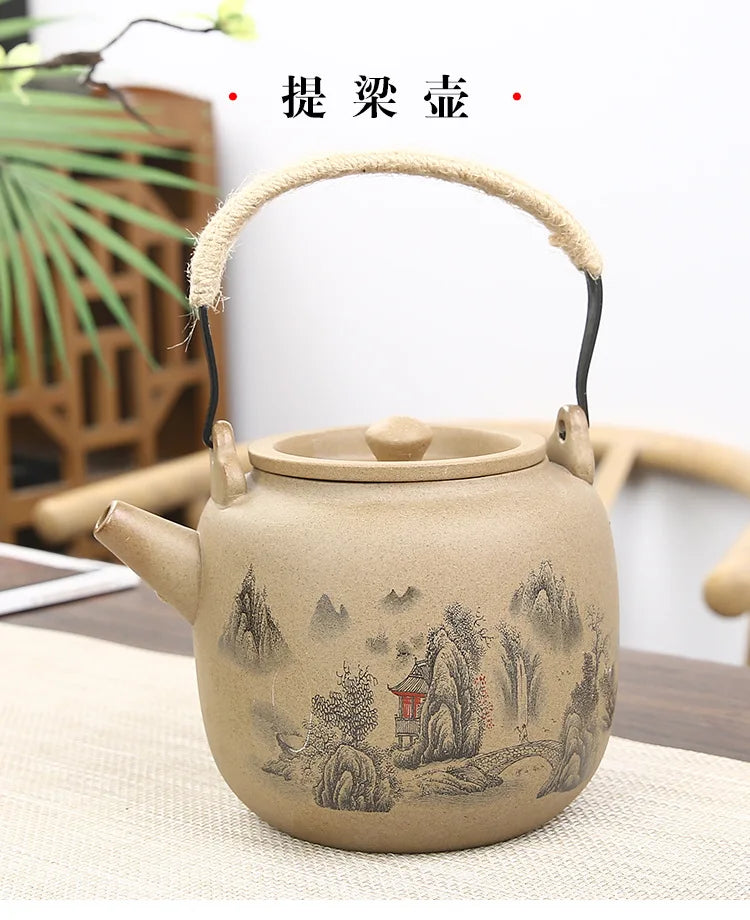 Retro Japanese coarse pottery beam pot business gift ceramic kung fu tea set large teacup