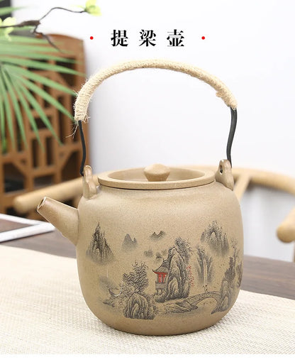 Retro Japanese coarse pottery beam pot business gift ceramic kung fu tea set large teacup