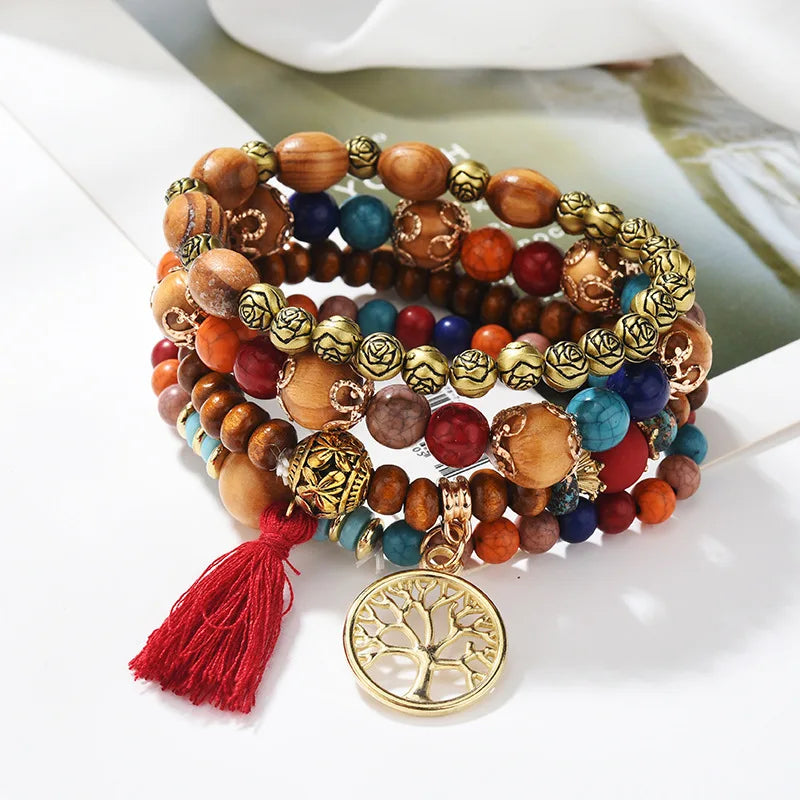 4Pcs Bohemia Tree Of Life Charm Beaded Bracelet Set For Women Handmade Wood Beads Chain Bangle Female Boho Jewelry