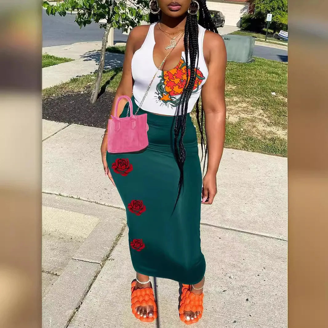 Summer Street Style Streetwear Tank Top And Long Skirt Set Women's Sleeveless Casual Outfit 50%-70% Spandex Comfortable Fit