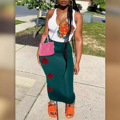 Summer Street Style Streetwear Tank Top And Long Skirt Set Women's Sleeveless Casual Outfit 50%-70% Spandex Comfortable Fit