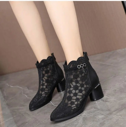 2026 Spring Summer Fashion Rhinestones Gauze Sandals Thick Heels Mesh Autumn Ankle Boots Female Hollow Women's Shoes