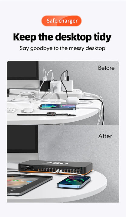 360W USB Charger 15 in 1 Desktop PD 24W Fast Charge USB Type C Charger LED Display Charger For iPhone Xiaomi Smartphone Laptop