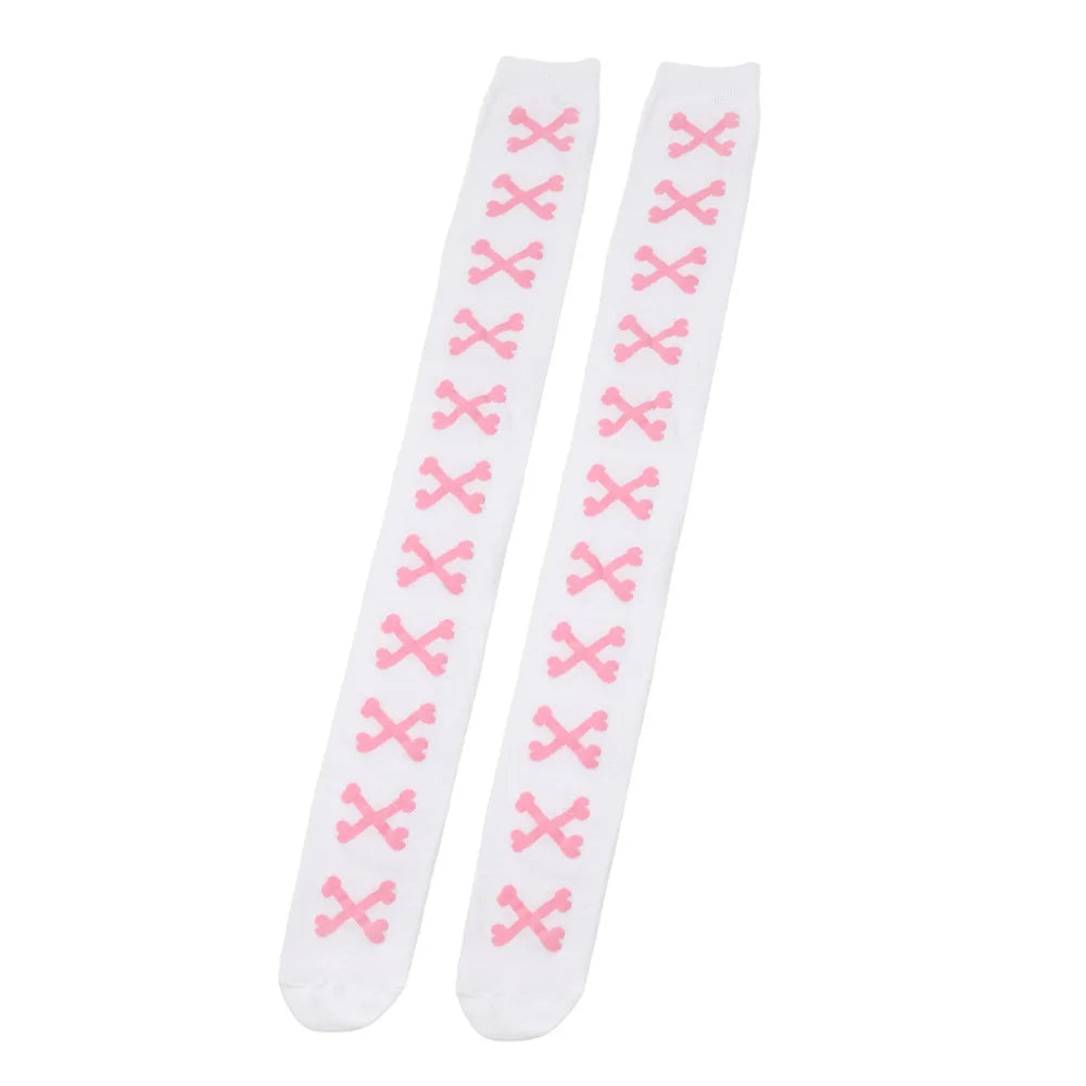 Womens Bone Thigh High Stockings Ladies Halloween Girls Black White Pink Long Over Above Knee Socks Tall Funny Cosplay Harajuku