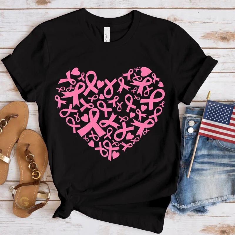 New Breast Cancer Awareness Heart Print T-Shirt Men Women Fashion Short Sleeve Casual Summer Tops Tees
