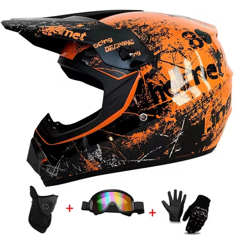 Kids Motocross Helmet Full-Face Kit - DOT & ECE Certified Motorcycle Helmet + Off-Road Goggles + Protective Gloves