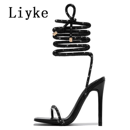 Liyke Fashion Glitter Rhinestones Women Sandals Crystal Ankle Strap High Heels Party Prom Shoes Lady Wedding Stiletto Sandalias