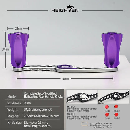HEIGHTEN Baitcasting Reel Mod Kit Double Handle Center Distance 95mm +Diameter 21mm Knobs Lure Fishing Modification Accessories