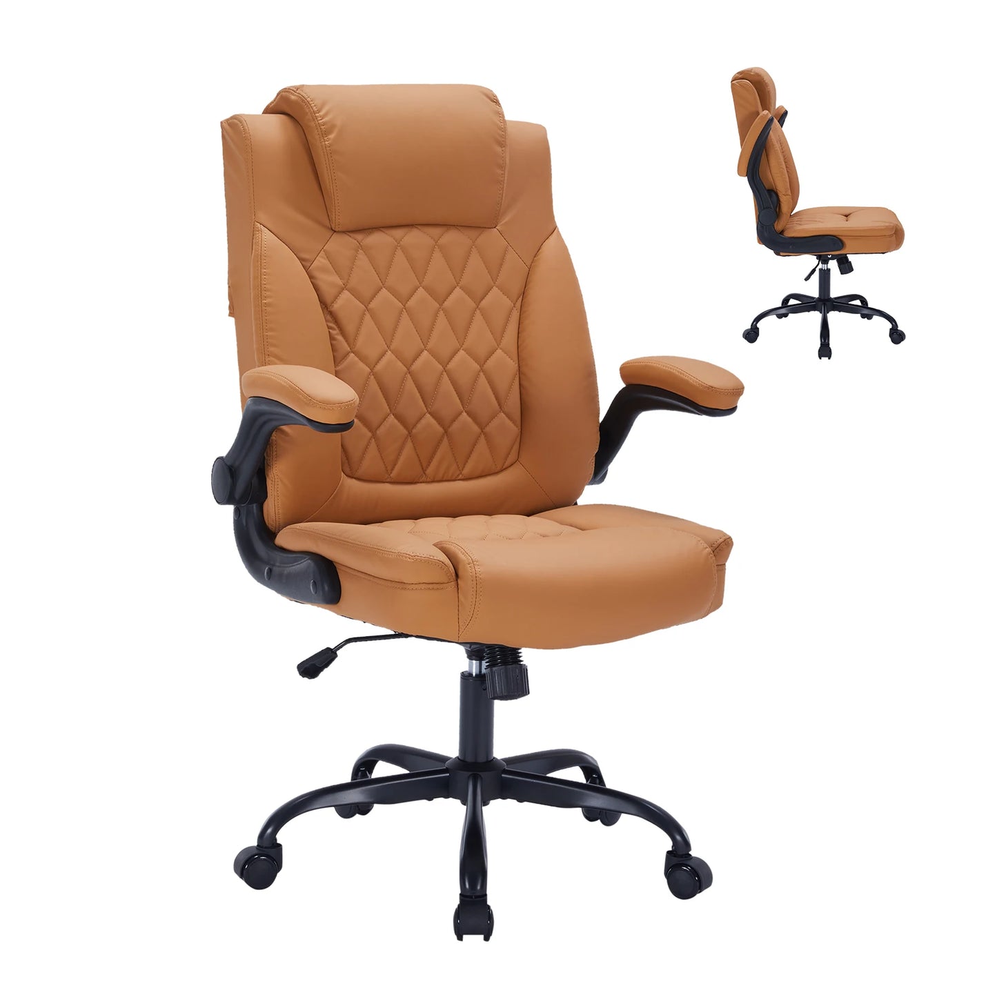 Heavy-Duty Leather Executive Office Chair Ergonomic Desk Chair with Lumbar Support, Flip-Up Arms, Tilt Lock & Swivel Wheels