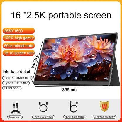 16inch Portable Monitor 2.5K/120HZ/100%sRGB  For Laptop XBox PS4 / 5 Switch Cell Phone Computer Extension Gaming  Travel Screen