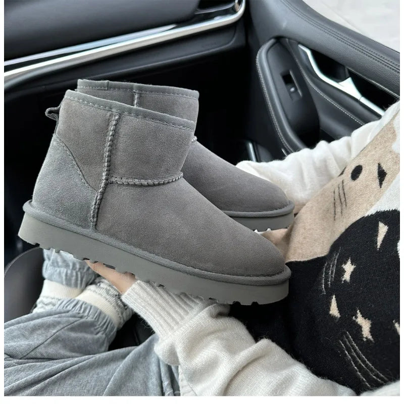 Men's and women's sheepskin and wool integrated snow boots, real leather and fur, winter thick and warm boots for women