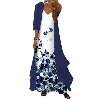 New 2025 Women's Floral Print Dress Two-Piece Set Inner Wear Polyester Fiber Short Sleeve Ankle-Length Regular Waistline