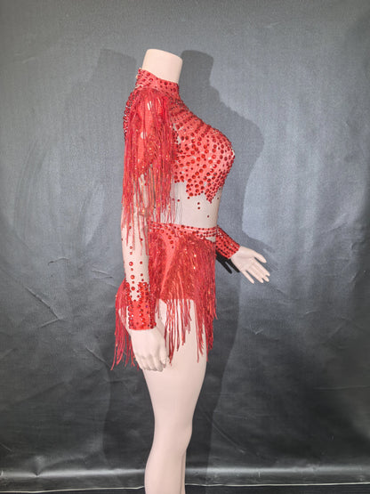 Rhinestones Women DanceCostume Fringes One Shoulder Bodysuit  Sexy Skinny Leotard Singer Dancer Show StageWear Sparkly Blue