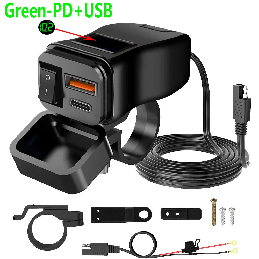 PD+QC3.0 Motorcycle USB Fast Charger 60W Handlebar Dual USB Socket with Switch Voltmeter Waterproof 12V Power Supply Adapter