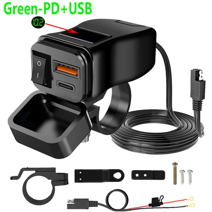 PD+QC3.0 Motorcycle USB Fast Charger 60W Handlebar Dual USB Socket with Switch Voltmeter Waterproof 12V Power Supply Adapter