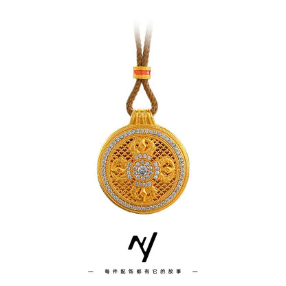 Luxury 24K 9999 Pure Gold Dorje Vajra Pestle Full Diamond Compasses Pendant Hollow Woolen Chain Lanyard Necklace