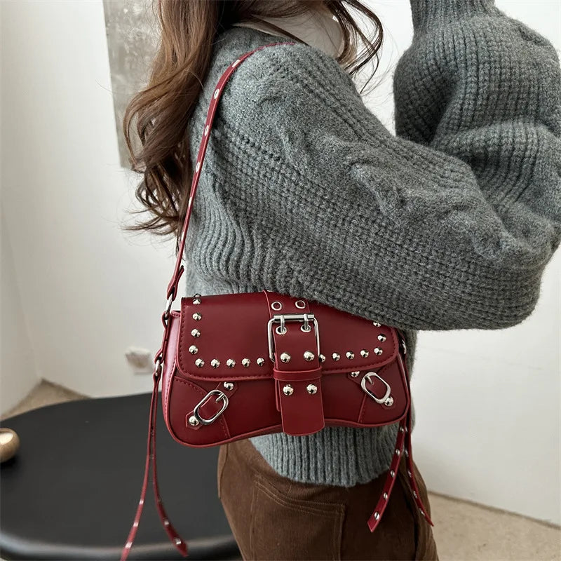 Shoulder Bag for Women Pink Underarm Bags PU Leather Crescent Bags with Rivet Small Y2k Purses Trendy Armpit Purse