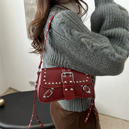 Shoulder Bag for Women Pink Underarm Bags PU Leather Crescent Bags with Rivet Small Y2k Purses Trendy Armpit Purse