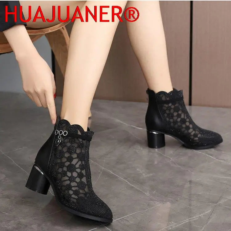 2026 Spring Summer Fashion Rhinestones Gauze Sandals Thick Heels Mesh Autumn Ankle Boots Female Hollow Women's Shoes