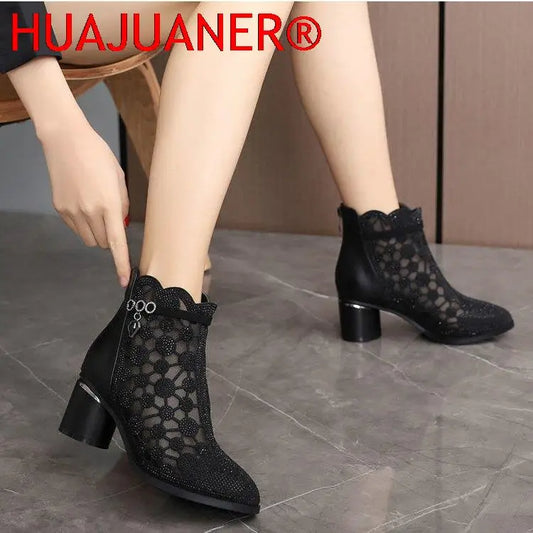 2026 Spring Summer Fashion Rhinestones Gauze Sandals Thick Heels Mesh Autumn Ankle Boots Female Hollow Women's Shoes