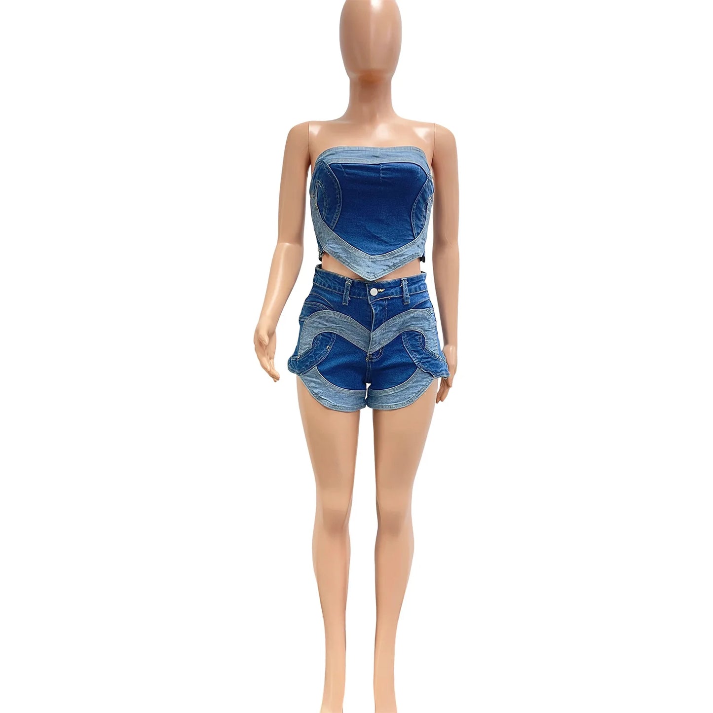 Denim Short Sets Women Strapless Tops Sexy Two Piece Set Y2k Streetwear High Street Jeans Shorts Lady Slim Fit Sleeveless Summer
