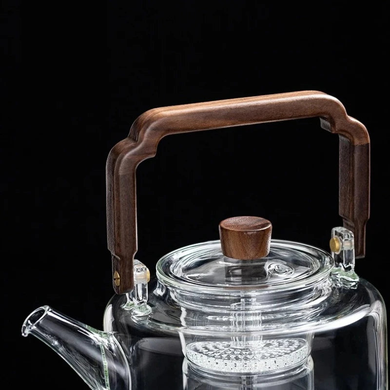 JUSTINLAU 1.3L Glass Teapot Integrated Steaming&Boiling Kettle with Thickened Filter&Wooden Handle Household Kung Fu Tea Set