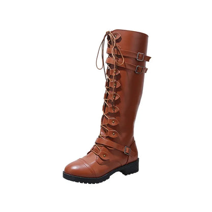 Women Knee high Boots Autumn Winter Lace Up Flat Shoes Sexy Steampunk PU Retro Buckle women shoes Ladies Snow Boots yui8
