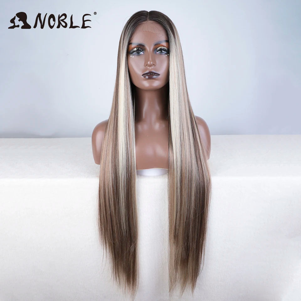Noble 38 Inch Extra Long Straight Synthetic Lace Front Wig Skunk Stripe Grey White Ombre Glueless Heat Resistant Wig For Women