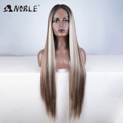 Noble 38 Inch Extra Long Straight Synthetic Lace Front Wig Skunk Stripe Grey White Ombre Glueless Heat Resistant Wig For Women