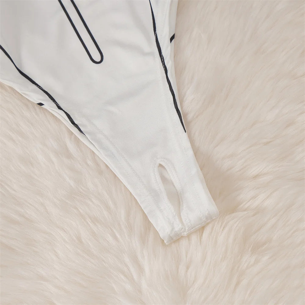 White Cute Sweet Cartoon Printed Jumpsuit Half High Collar Sleeveless Skinny Lingerie Bodycon Bodysuit Rompers Catsuits Clothes