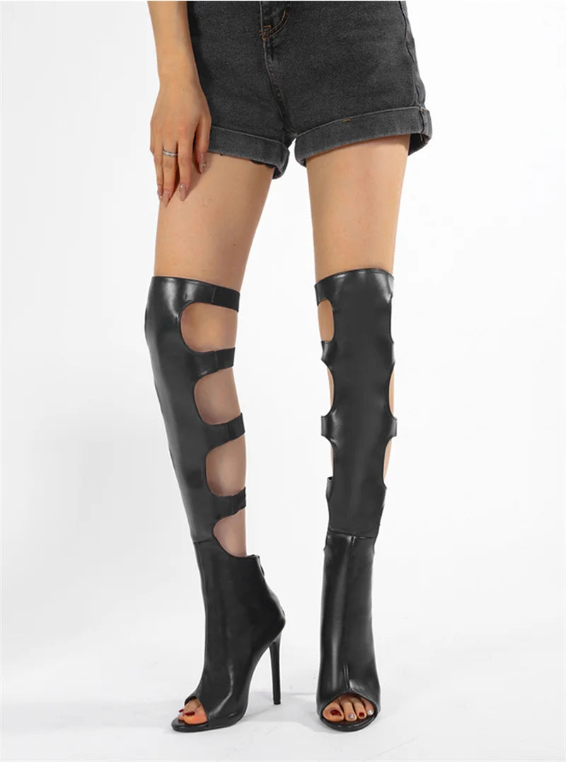 Liyke Sexy Peep Toe Zip Hollow Out Thigh High Boots Women Ballroom Latin Modern Tango Jazz Dancing Shoes Stiletto Heels Black