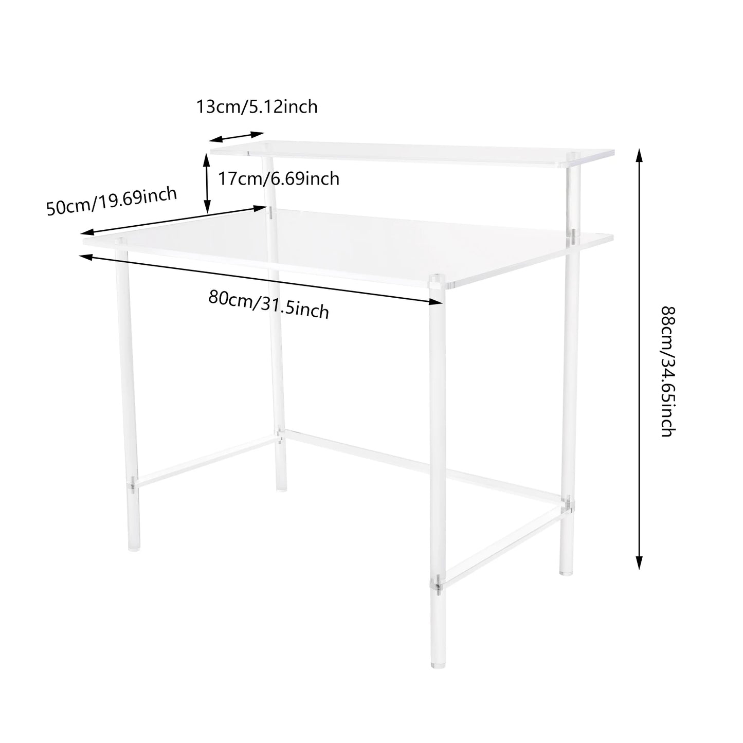 Acrylic Desk 2-Tier Computer Desk Home Office Clear Desk 31.5*19.69*34.65in Writing Table Vanity Desk Study Desk