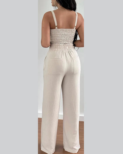 2 Piece Outfits For Women 2025 Sexy V-Neck Strap Shirred Slim Crop Top & Lace-up Wide Leg Pants Sets Elegant Office Lady Suit