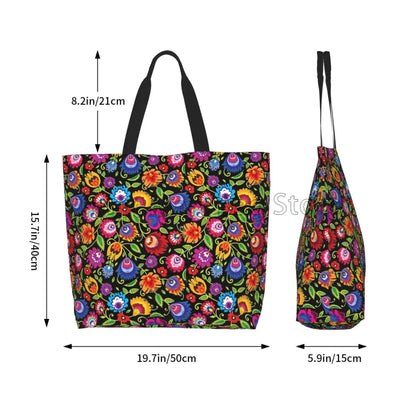 Mexican Ethnic Flowers Tote Bag Large Capacity Zipper Women Grocery Bags Purse Shopping Handbags Casual Travel Shoulder Bag