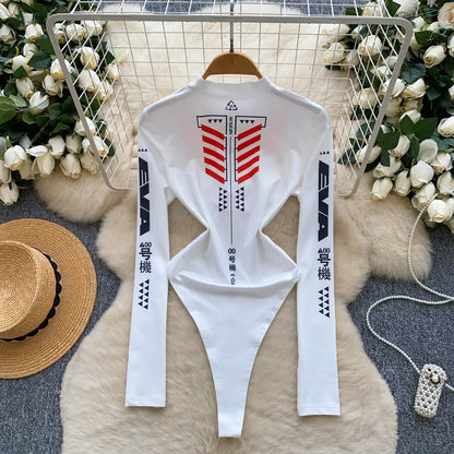 Spring Summer Bodysuit Women Motorcycle Suit Print Mock Neck Slim Long Sleeve Stretchy Jumpsuit Top T-shirt Moto Biker 63930