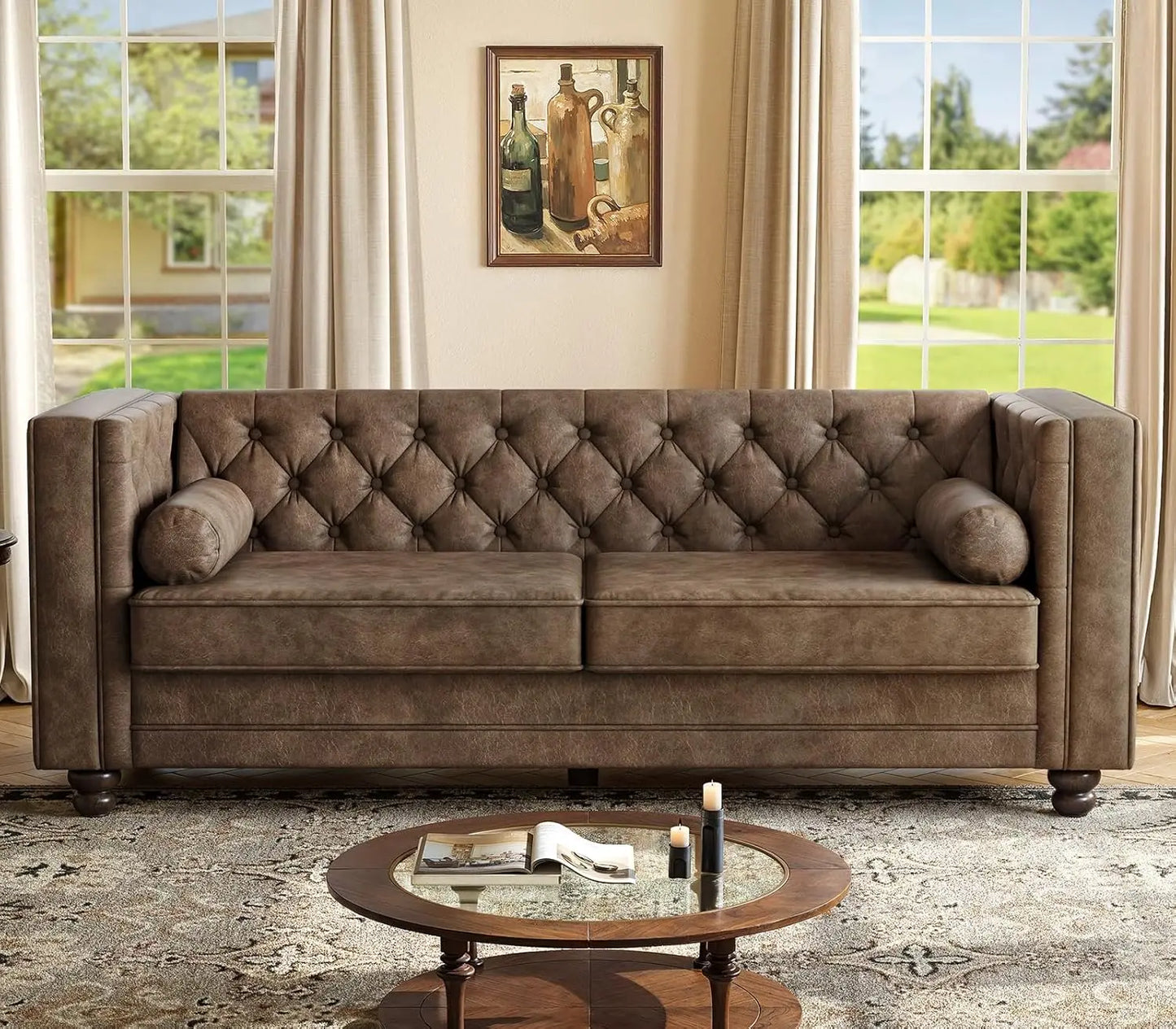 79'' Chesterfield Sofa for Living Room, Comfy Faux Leather Button-Tufted Couch with 2 Bolster Pillows and Wood, Customized