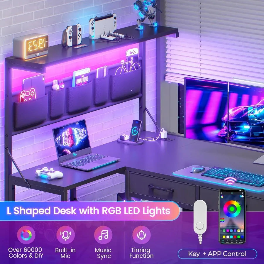 L Shaped Gaming Desk 47.2 Reversible Small Computer Desk with 5 Drawers and Storage Shelves Corner Gaming Desk with LED Lights