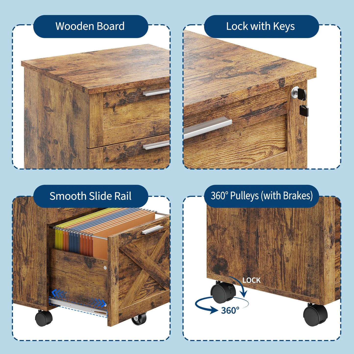 3 Drawer Rolling File Cabinet with Lock & Casters, Wooden Mobile Storage Organizer Printer Stand, Fits A4/Letter for Home Office