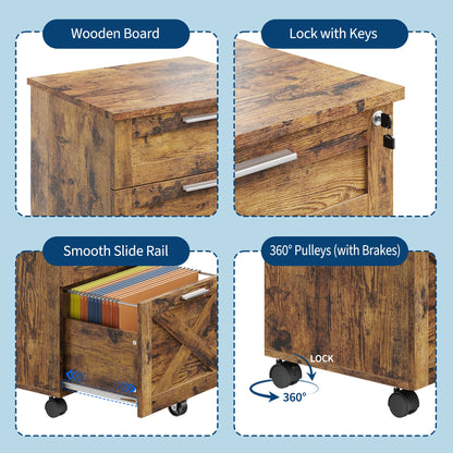 3 Drawer Rolling File Cabinet with Lock & Casters, Wooden Mobile Storage Organizer Printer Stand, Fits A4/Letter for Home Office