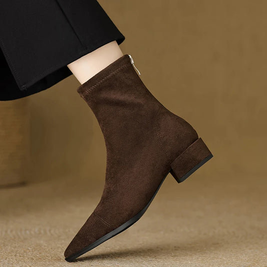 Autumn Vintage Suede Women Ankle Boots Ladies Concise Pointed Toe Thick Heel Short Botas Zapatos De Mujer