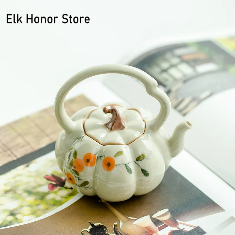 140ml Pure Hand-painted Persimmon Lifting Beampot Retro Plant Ash Pumpkin Pot Chinese Tea Soaking Kettle with Filter Kung Fu Tea